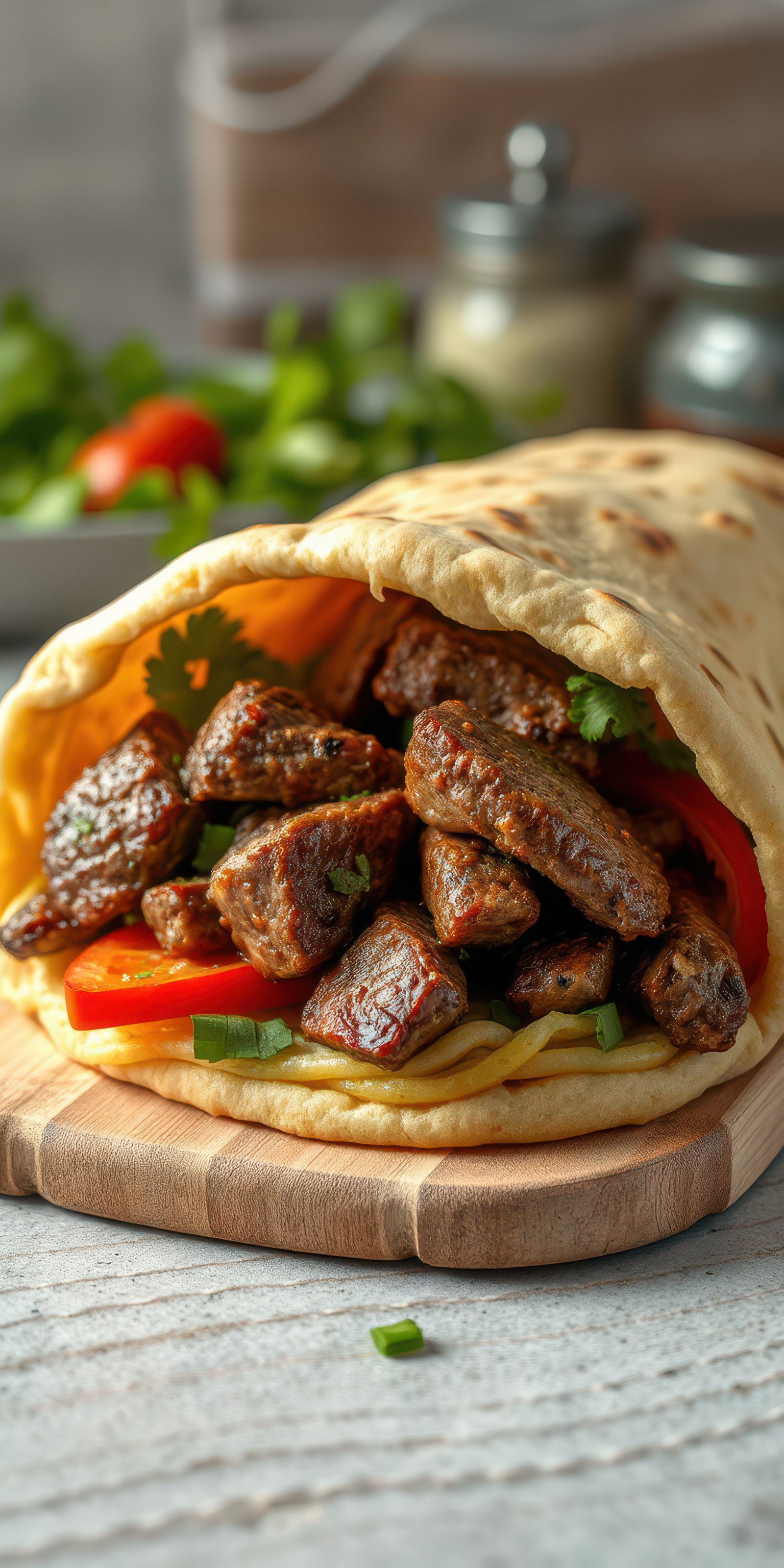 Delicious grilled meat wrapped in pita with fresh vegetables and herbs served on a wooden board